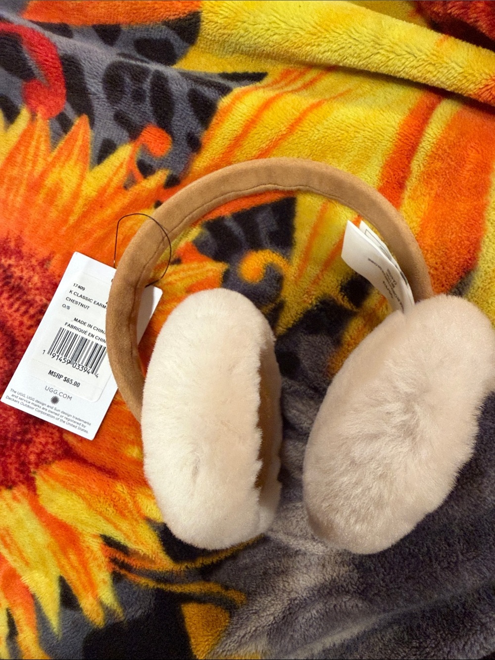 UGG Chestnut Sheepskin Earmuffs with Cream Fur Ear Pads